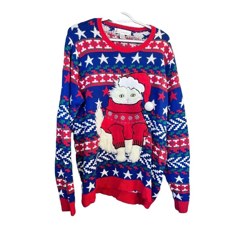 Jolly Sweaters Women's‎ XL Blue/Red Ugly Christmas Sweater Furry Cat Persian